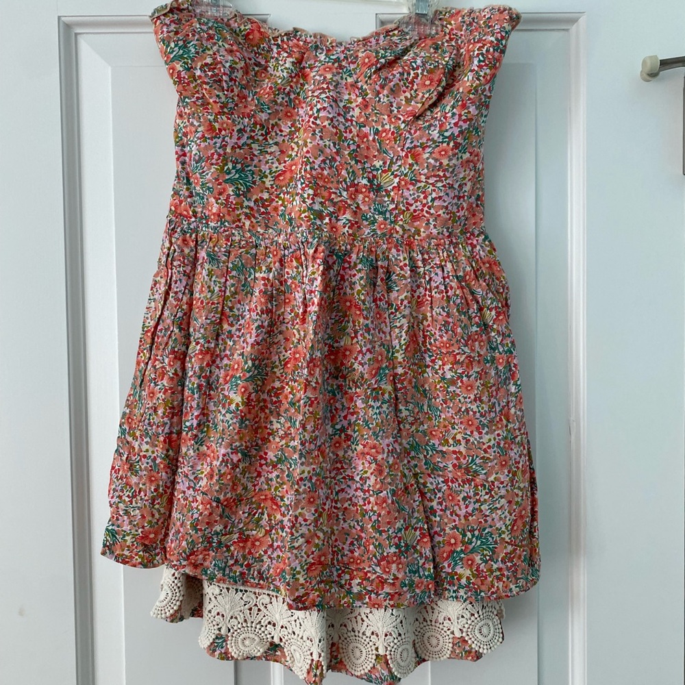 Zara Coral Floral Mini Dress with Cream Lace Hem